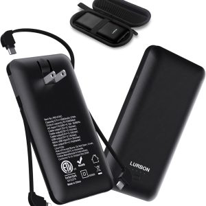 10000 mAh Portable Charger Power Bank,Slim External Battery Pack with Built in AC Wall Plug, USB C Cable Total 3 Different Cables Compatible with Cell Phone Tablet