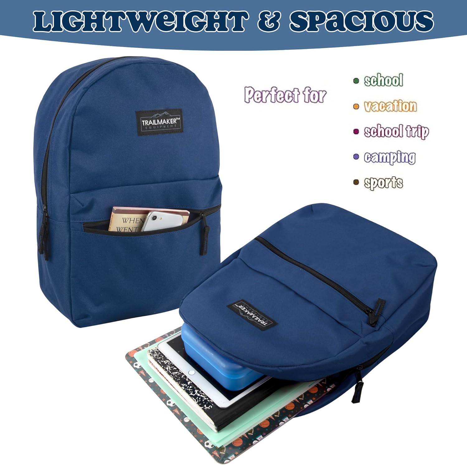 Trail maker Classic 17 inch Backpacks with Adjustable Padded Straps | School Backpacks for Girls, Boys (Navy) - Image 3