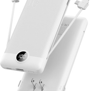 VRURC Portable Charger,Power Bank Built-in Cables and AC Wall Plug, USB C Portable Bank 10000mAh, Travel Essentials Phone Charger Compact External Battery Pack for Smart Phones, Tablets etc-White